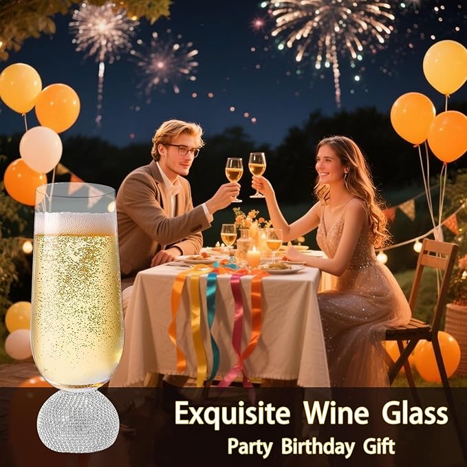 Champagne Flutes set of 4,Stemless Wedding Champagne Glasses,Unbreakable Crystal Fancy Mimosa Glasses,10 Oz Short Handle Champagne Flutes,for Engagement,Bachelorette Party,Birthday(Silver Clear)