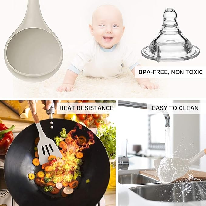 MIBOTE Silicone Cooking Kitchen Utensils Set with Holder, Wooden Handles BPA Free Non Toxic Silicone Turner Tongs Spatula Spoon Kitchen Gadgets Utensil Set for Nonstick Cookware (Khaki)