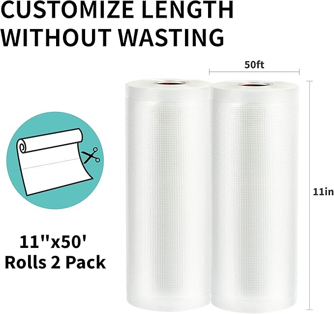 Happy Seal Vacuum Sealer Bags 11" x 50' 2 Pack for Food Saver, Rolls for Custom Fit Airtight Food Storage, Meal Prep or Sous Vide, Commercial Grade Vacuum Seal Freezer Bags