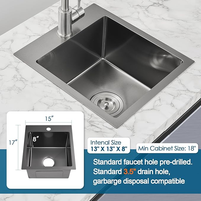 ROVOGO 15x17x8 in. Drop in Kitchen Sink Single Bowl, Black Prep Sink 304 Stainless Steel, 1-Hole Small Secondary Entertainment Wet Bar Sinks