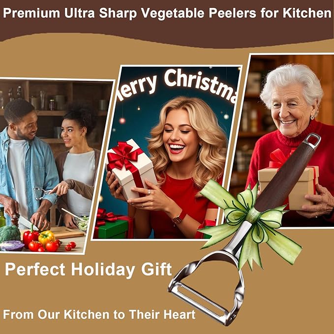 Premium Vegetable Peeler - Stainless Steel Serrated Y Potatoe Peeler for Veggie, Carrots, Apples - Ultra Sharp Swivel Blade Fruit Peeler with Ergonomic Natural Wood Handle