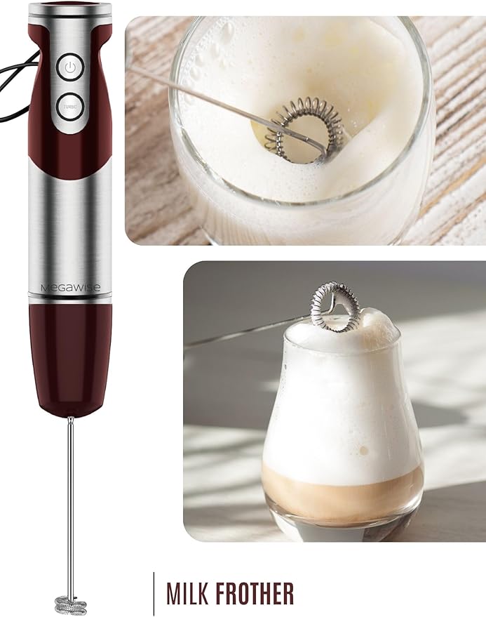 3- in-1 Immersion Hand blender, Powerful MOTOR & Stainless Steel Stick Blender, 4 Sharpe Blades with Whisk, Milk Frother Attachments