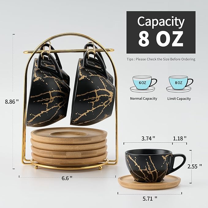 LUKA Ceramic Demitasse Espresso Cups Set with Saucers and Metal Stand, 8 oz Porcelain Stackable Cappuccino Cups Teacup For Tea, Espresso, Latte, Coffee, Cafe Mocha, Set of 4, Black