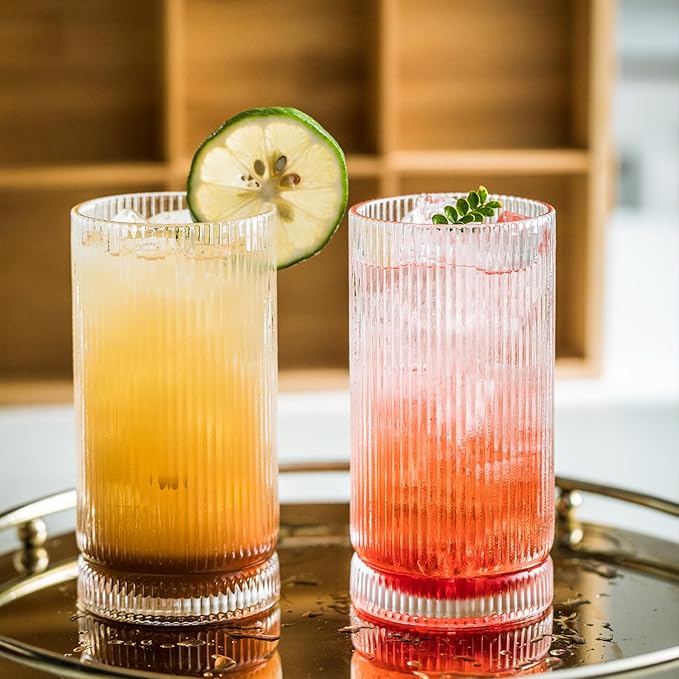 KEMORELA Ribbed Glassware Set of, Origami Style 16 Oz XL Drinking Glasses with Straws, Vintage Glassware Set - Glass Cups, Iced Coffee Cups Perfect for Cocktails, Smoothies, Juice, Beer (8Pcs)