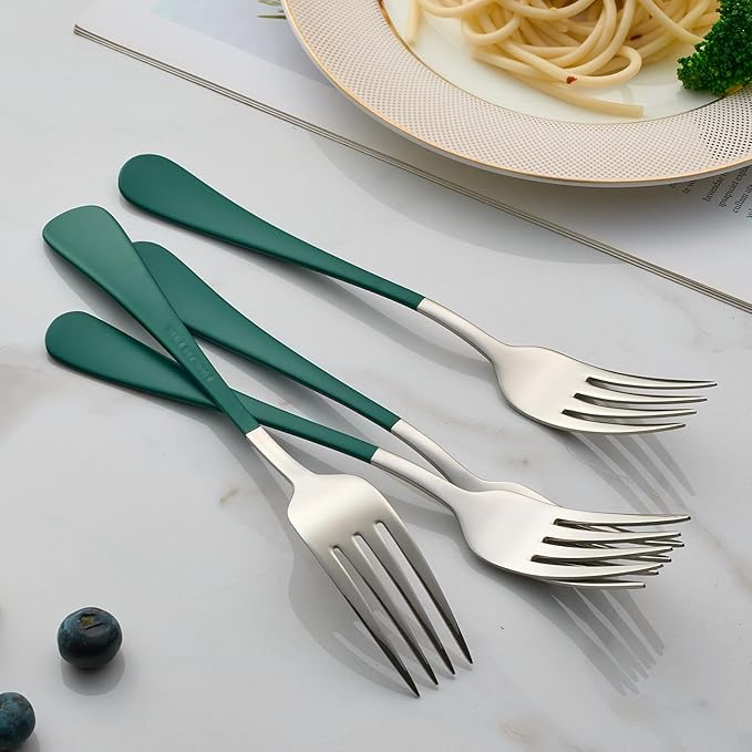 Green Dinner Fork, 18/0 Green handle Stainless Steel Satin Finish 8.1-inch Silverware Flatware Fork Set, Set of 24, Dishwasher SafG