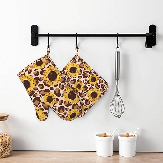 Sunflowers Leopard Print Oven Mitts and Pot Holders Set of 4 Silicone Kitchen Mitten Gloves and Non-Slip Sunflower Leopard Print Potholders Set Heat Resistant Oven Gloves Hot Holders for BBQ