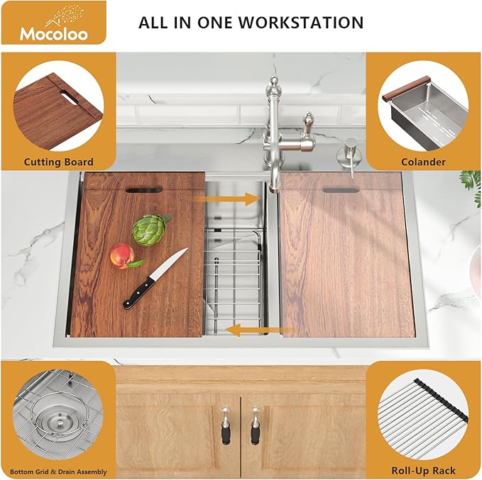 Mocoloo 33 Inch Drop In Kitchen Sink - 33 x 22 Drop In Double Bowl Kitchen Sink 16 Gauge 60/40 Topmount Stainless Steel Sinks Handmade, 33''x22''x10'' Above Counter with Offset Drainer