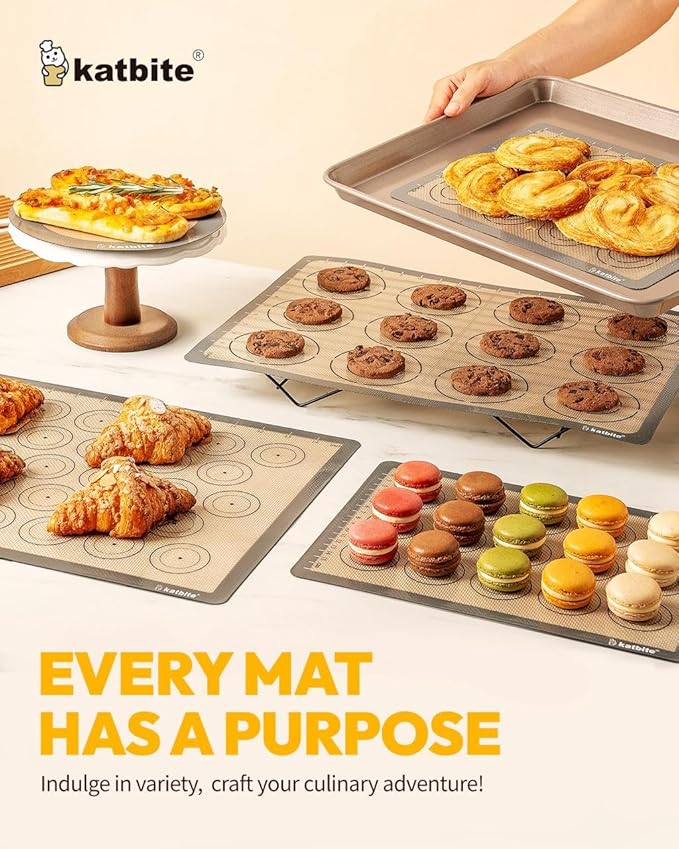 Silicone Baking Mat Set of 5, Katbite Food Grade Non-stick Reusable Cookie Sheet Bakeware Mats for Making Macaron, Cookie, Pizza, Pastry