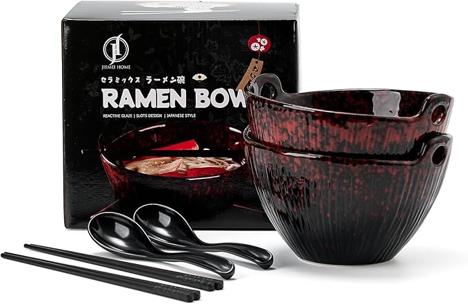 Ramen Bowl with Chopsticks and Spoons, Ceramic Set of 2, Dishwasher Safe for Pho Udon Soba Noodle Salad Pasta, Special Reactive Glazed Crimson Bowls Set