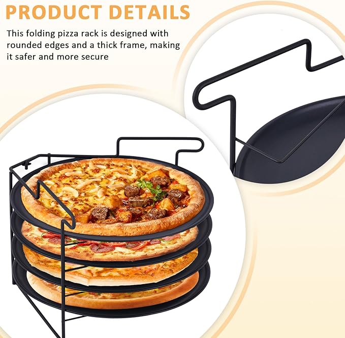 JIAWANSHUN Folding Pizza Rack Stand 4-Layer Stainless Steel with 12-Inch Non-Stick Pan,Oven-Safe Baking & Cooling Holder for Home Kitchens,Pizza Shops,Commercial Restaurants