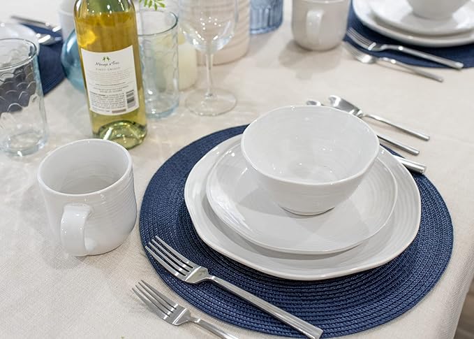 Elanze Designs Reactive Glaze Farmhouse Rustic Boho Ceramic Stoneware Dinnerware 16 Piece Plate Bowl Mug Dish Set - Service for 4, Classic White