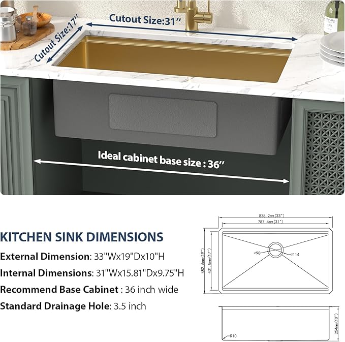 Lordear Gold Undermount Kitchen Sink 33" x 19" Stainless Steel Sinks 16 Gauge Single Bowl Ledge Workstation Handmade Under Counter Kitchen Sink Basin with Built-In Accessories