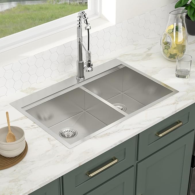 Logmey 33x22 Drop In Kitchen Sink Double Bowl 60/40 Sinks - 33 inch Workstation Sink Low Divide 60/40 Double Stainless Steel Ledge Sink Topmount 9" Deep Kitchen Sink