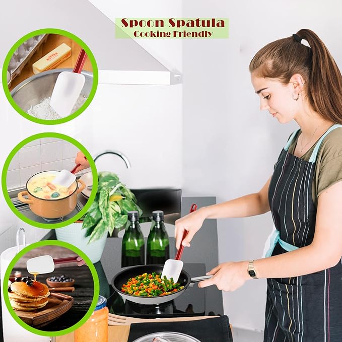 Silicone Rubber Spatula and Spoon Rubber Spatula Set of 3, High Heat Spoon, Commercial for Cooking (3 Spoonula(9.5 Inches))