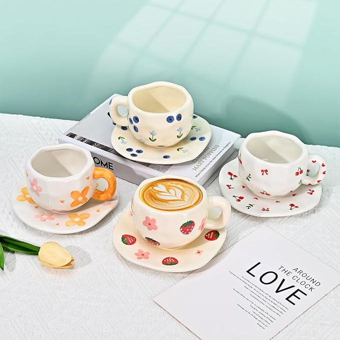 Koythin Ceramic Coffee Mug with Saucer Set, Cute Creative Orange Flower Cup Unique Irregular Design for Office and Home, 10 oz/300 ml for Latte Tea Milk
