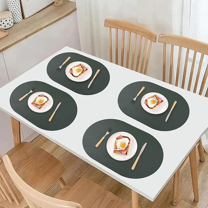 Faux Leather Placemats Set of 6 Oval Reversible Placemat Waterproof Green and Grey PU Table Mats Heat Resistant Anti Slip Wipeable Place Mat for Indoor and Outdoor Dining Table