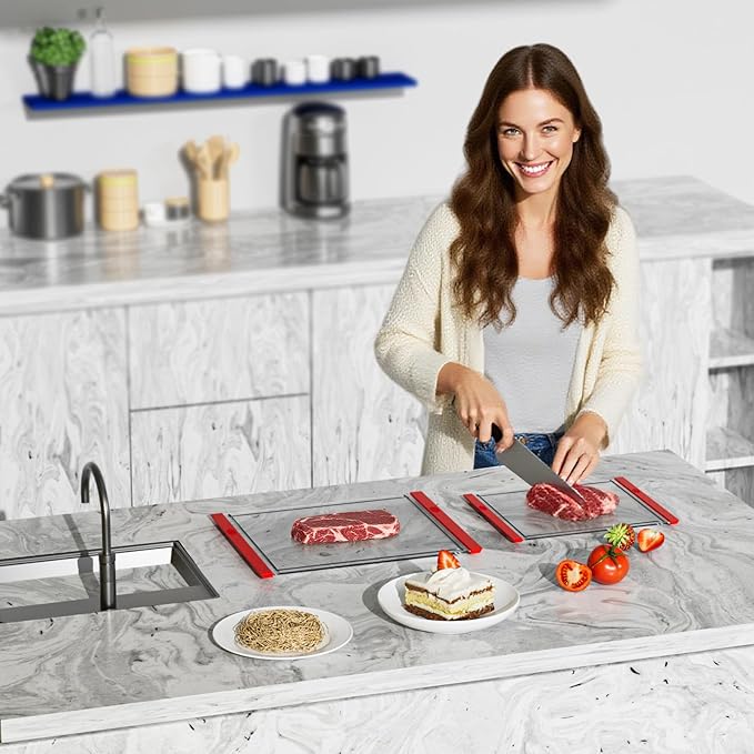 Tempered Glass Cutting Board Set for Kitchen Counter - Dishwasher Safe with Juice Grooves, Non-Slip Silicone Edges & Beveled Grip - 16"x12" & 12"x8" Serving Tray (Red-2PCS)