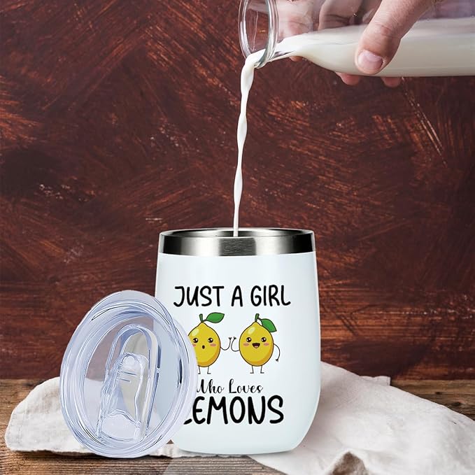 Funny Lemon Gifts, Cute Lemon Lovers Gift, Wine Tumbler Insulated Wine Glasses 12 oz Tumbler with Lid for Women Fruit Lover Girls Bestie Daughter Best Friend Sister Birthday Friendship Christmas