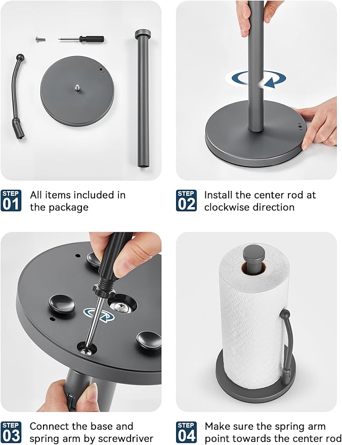 SMARTAKE Paper Towel Holder, Paper Towel Dispenser Standing Weighted Base Non Slip, Spring Arm for Easy Tear, Stainless Steel Paper Towel Holder for Home Kitchen Countertop Tabletop, Metallic Gray