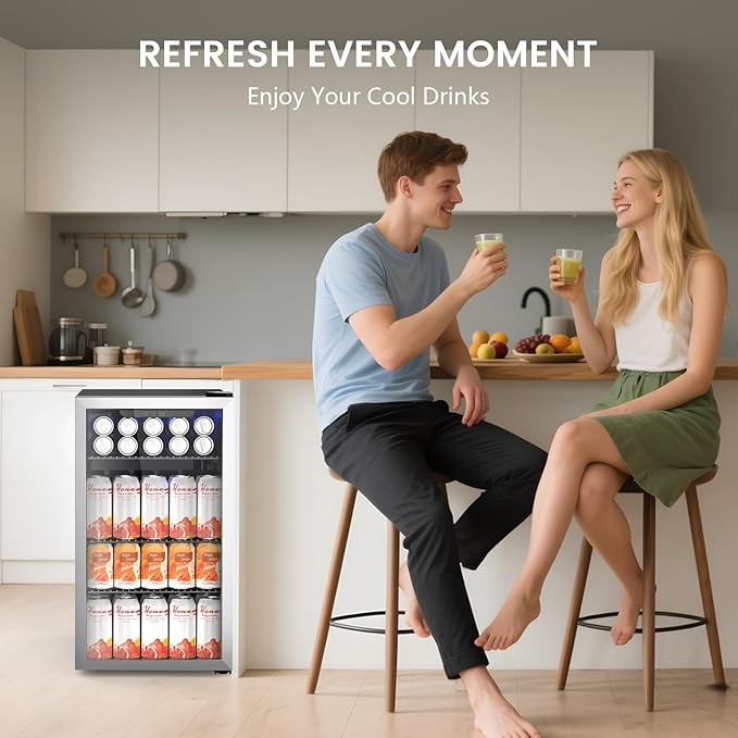 130 Can Beverage Refrigerator Built In Freestanding Wine Fridge with Stainless Steel Reversible Glass Door, Quiet Compressor LED Touch Control for Home Kitchen Bar, 3.2 Cu.ft Silver