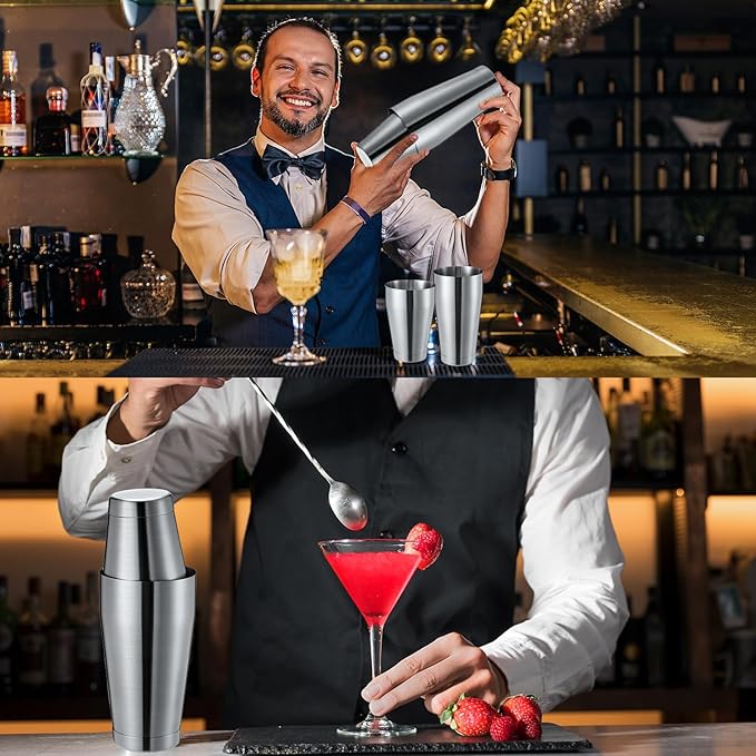 Lallisa 10 Pieces Cocktail Shakers Professional Bar Boston Shaker Set Stainless Steel Martini Shaker Drink Mixer Basic Tools Weighted Shake Metal Can for Bartenders, 18 Oz, 28 oz(Sanding Silver)