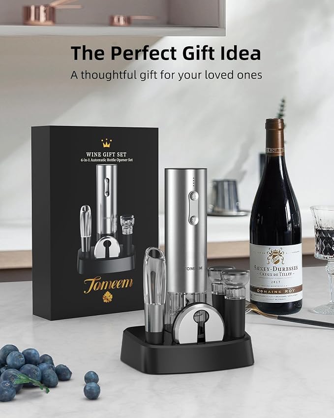 TOMEEM Electric Wine Opener Set - Rechargeable Wine Bottle Opener with Vacuum Stoppers,Wine Pourer, Foil Cutter,and Storage Stand - Ideal Wine Accessories & Wine Gift Set for Wine Lovers
