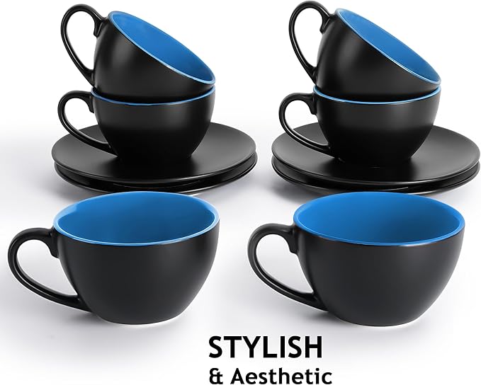 MIAMIO - Set of 6, Ceramic Stackable Cappuccino Cups Set / 6 Ounce Cappuccino Mugs and Saucer with Metal Stand for Coffee Drinks, Cafe, Latte, Americano and Tea - Le Papillon Collection (Blue)