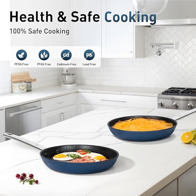 MAISON ARTS Nonstick Frying Pans Set 2 Piece, 9.5" and 11" Skillet with Stainless Steel Handle, Non Toxic Deep Fry Pan, Induction Cookware Sets with Healthy Plasma Titanium Coating