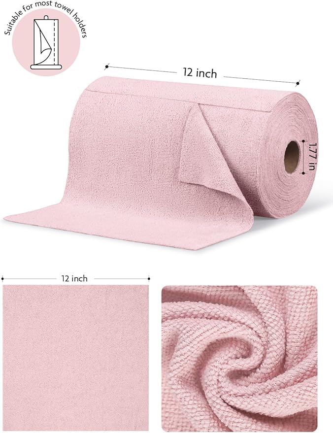 Fantasticlean Microfiber Cleaning Cloth Roll -675 Pack, Tear Away Microfiber Towels, 12" x 12", Reusable, Washable, Ultra Absorbent Dishcloth for Home Supplies, Car, Shop (9 Rolls of Pink)