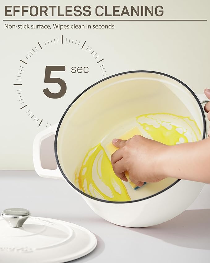 6 QT Dutch Oven Pot with Lid, Enameled Cast Iron Dutch Oven for Bread Making, Braiser, Cooking, Dual Handles, Oven Safe up to 500° F or on Stovetop, Gifts for Family - Off White