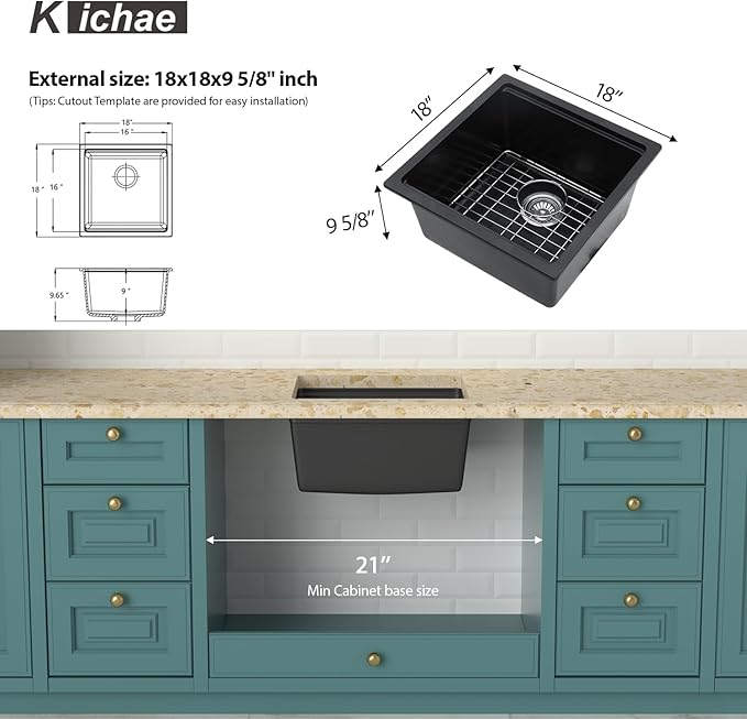 Kichae Black Undermount Bar Sink - 18 x 18 Black Composite Granite Undermount Wet Bar Prep Kitchen Sink