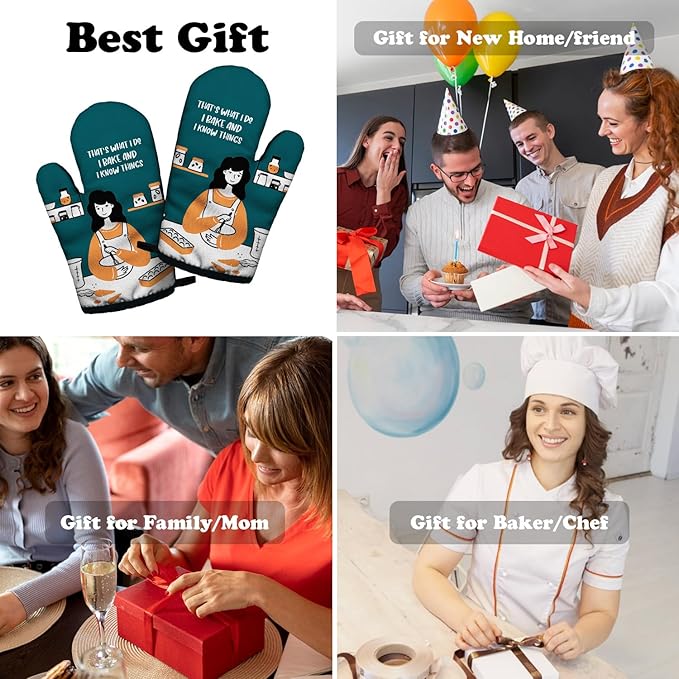 Funny Housewife Cooking and Baking BBQ Kitchen Gadgets with Heat Resistant Silicone Non-Slip, That's What I Do I Bake and I Know Things Oven Mitts Set of 2, Gifts for Bake Lover Mom Aunt Wife Sister