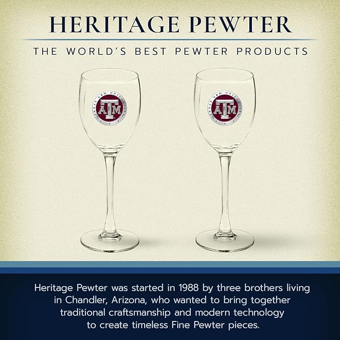 Heritage Pewter Texas A&M Glass Goblets β Set of 2 | 12 OZ Goblet Wine Glasses | Expertly Crafted Pewter Glass