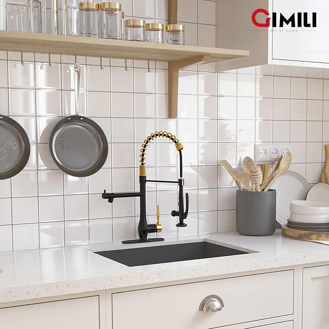 GIMILI Black and Gold Kitchen Faucet with Pull Down Sprayer Single Handle High Pressure Kitchen Sink Faucet Commercial Double-Headed Stainless Steel Kitchen Faucets