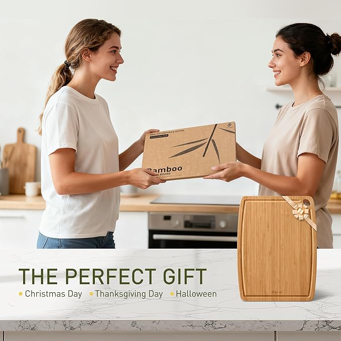 Lightweight Durable Bamboo Cutting Board with Non-Slip Feet, Non Toxic Wooden Cutting Board for Kitchen Heat-Resistant Chopping & Charcuterie Board with Juice Groove Kitchen Essentials for Meat