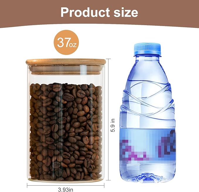 Glass Food Storage Jars 6-Pack 37oz - 4x6 in-Clear Glass Food Canisters with Bamboo Lid Airtight For Serving Tea, Coffee, Flour, Sugar, Candy, Cookie, Spice and More (Circular)