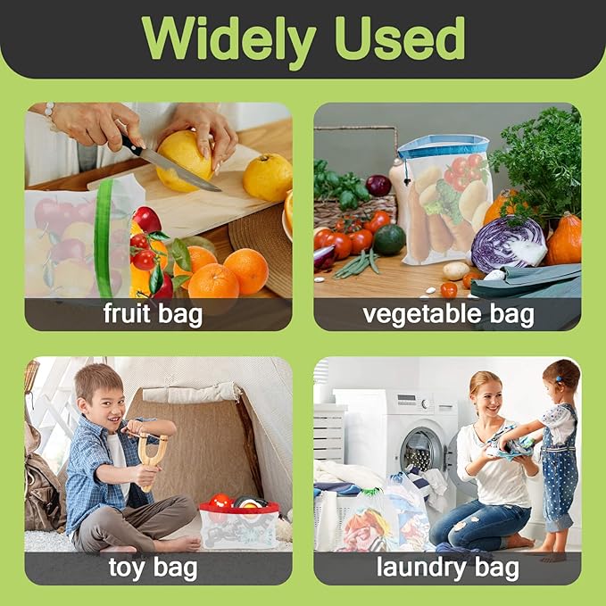 MAQIHAN 12PCS Reusable Produce Bags - Mesh Produce Bags Drawstring Reusable Washable Vegetable Storage Bags Refrigerator Keep Fresh Grocery Food Fruits Veggie Green Net Bag Toy Storage Zero Waste Shop