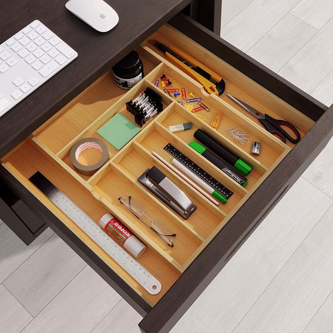 BAMEOS drawer organizer flatware organizer cutlery tray silverware organizer expandable adjustable bamboo drawer organizer kitchen bathroom