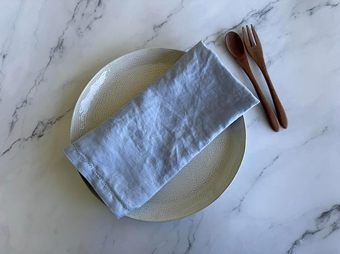 Hemstitched Linen Napkins – 20 Inch x 20 Inch – Stonewashed Pure Linen Cloth Dinner Napkins with Mitered Corners - 100% French Flax – Machine Washable - Set of 4 (Dusty Blue)