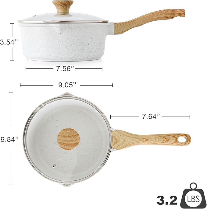 SENSARTE White Ceramic Nonstick Saucepan with Double Spout 3.0 Quarts, Cooking Pot with Stay Cool Handle, Induction Compatible Saucepot, White Granite Coating, Free of Intentionally Added PFOA/PFAS