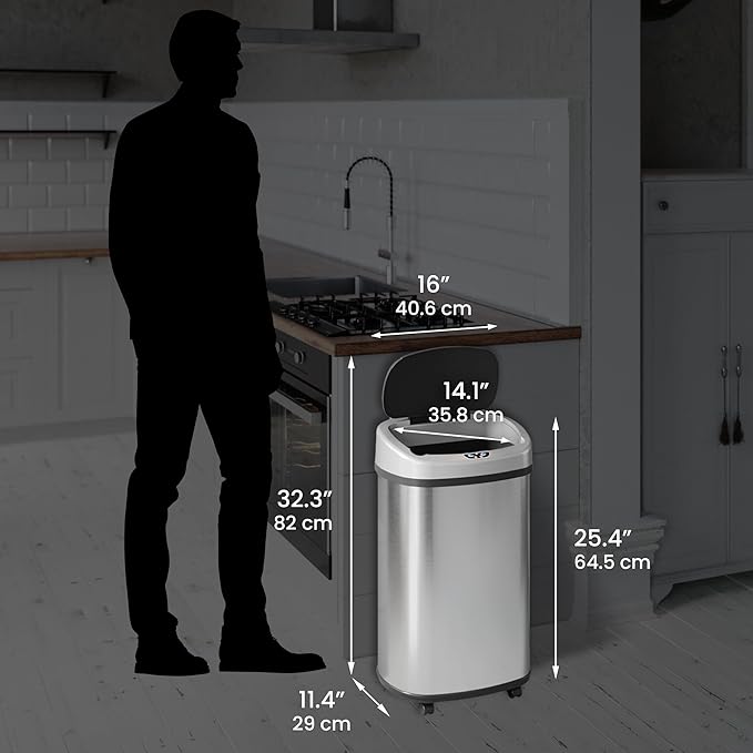 SensorCan 13 Gallon Kitchen Trash Can with Lid and Wheels Plush Odor Filter, Motion Sensor Stainless Steel Oval Garbage Bin for Home Office Work Bedroom Living Room Slim Wastebasket Trashcan