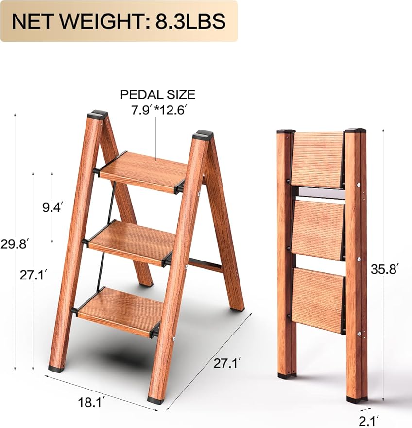 GameGem 3 Step Ladder, Aluminum Folding Step Stool with Anti-Slip Sturdy and Wide Pedal, Lightweight Portable Stepladder for Home and Kitchen Use Space Saving, Woodgrain, 330 lbs