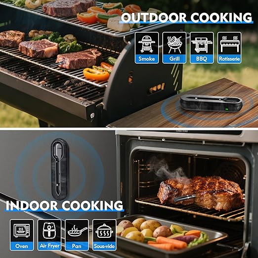 Aurasky Unique Wireless Meat Thermometer, Accurate Temperature Detection Probe, 500FT Remote Monitoring, Dual Alarm, Cooking Meat Thermometer Wireless for Grilling, Smoking, Oven, BBQ, Rotisserie