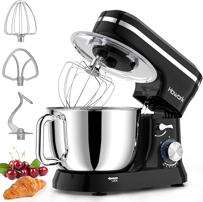HOWORK Electric Stand Mixer,10+p Speeds With 6.5QT Stainless Steel Bowl,Dough Hook, Wire Whip & Beater,for Most Home Cooks,Black