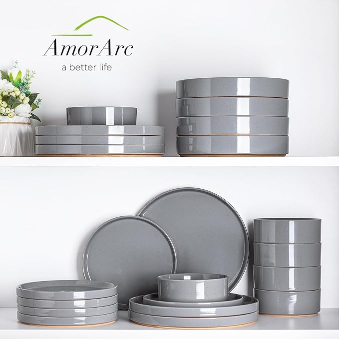 AmorArc Ceramic Dinnerware Set for 8 | Speckled Stoneware Plates and Bowls with Rustic Terracotta Underside| Scratch Resistant,Dishwasher & Microwave Safe Dishes Sets- 24pcs Gray