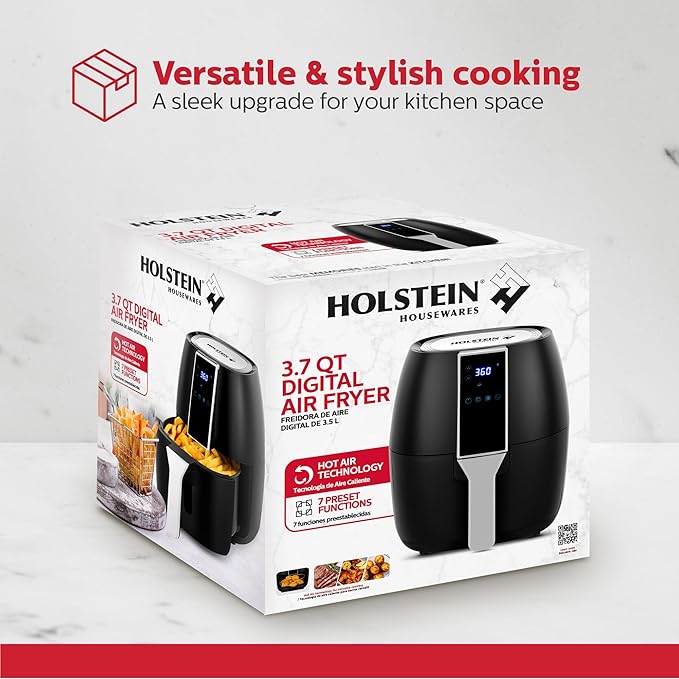 Holstein Housewares 3.7QT Digital Air Fryer. Hot Air Technology & PFOA Free Non Stick Coating for Less Oil Use with Led Display. 7 preset options, Air Fry, Bake, Grill, Dehydrate & roast. Black