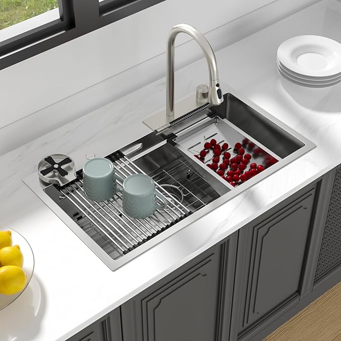 Lordear Waterfall Kitchen Sink 33x19 Inch Drop In Kitchen Sink T304 16 Gauge Stainless Steel Single Bowl Ledge Worktation Kitchen Sinks Handmade Deep Basin, 33"x19"x9"