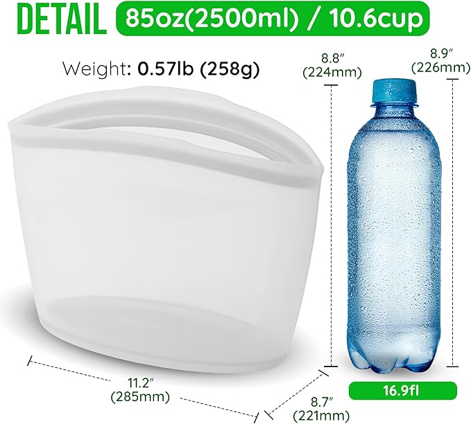 Reusable Silicone Food Storage Bags 10.6Cup (84oz), Airtight Food Storage Containers Food Grade Silicone Snack Bags, BPA Free Food Storage Container, Microwave Safe, Sous Vide Container, White
