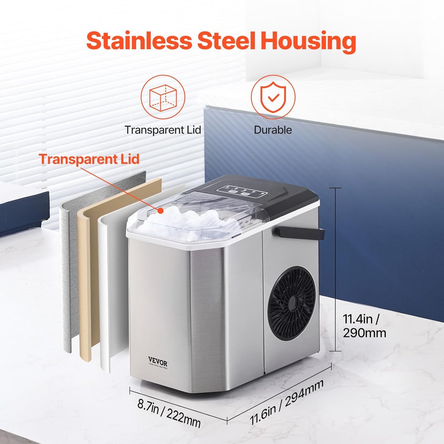 VEVOR Countertop Ice Maker, 9 Cubes Ready in 6 Mins, 26lbs in 24Hrs, Self-Cleaning Portable Ice Maker with Ice Scoop and Basket, Ice Machine with 2 Sizes Bullet Ice for Home Kitchen Office Bar Party