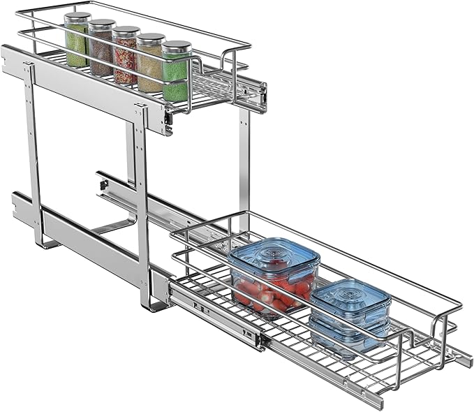 2-Tier Individual Cabinet Pull Out Shelves (9" W x 22" D), Slide Out Kitchen Panty Narrow Cabinet Storage Sliding Shelves